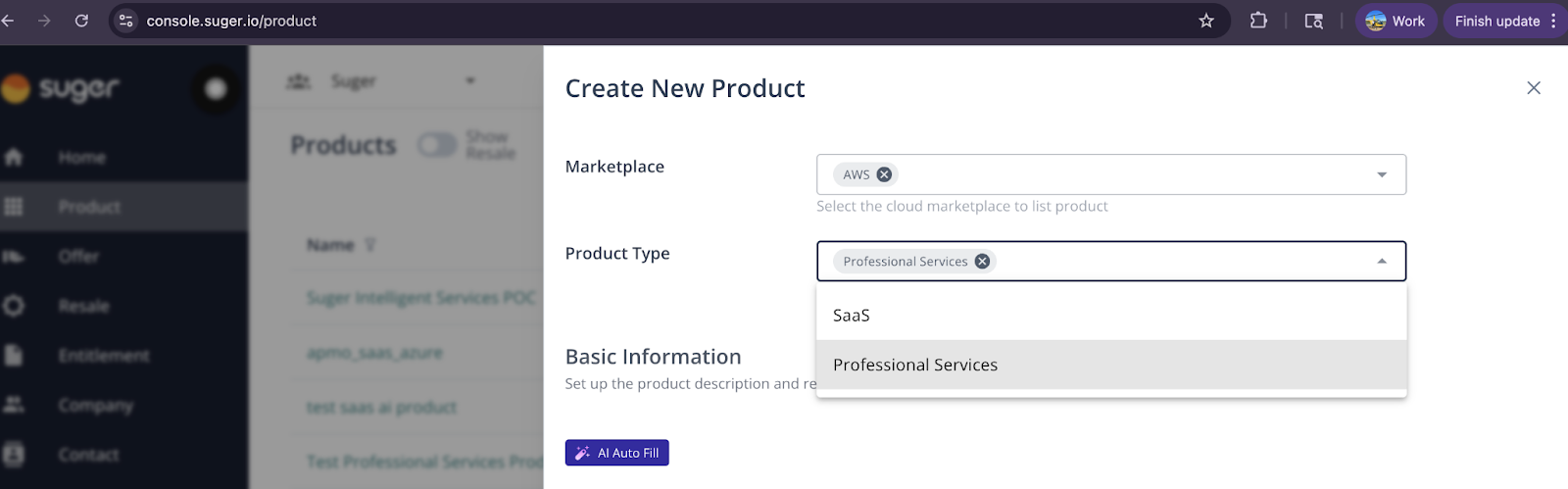 Professional services listing form in Suger — packaging, SOW, and pricing fields ready for marketplace publishing
