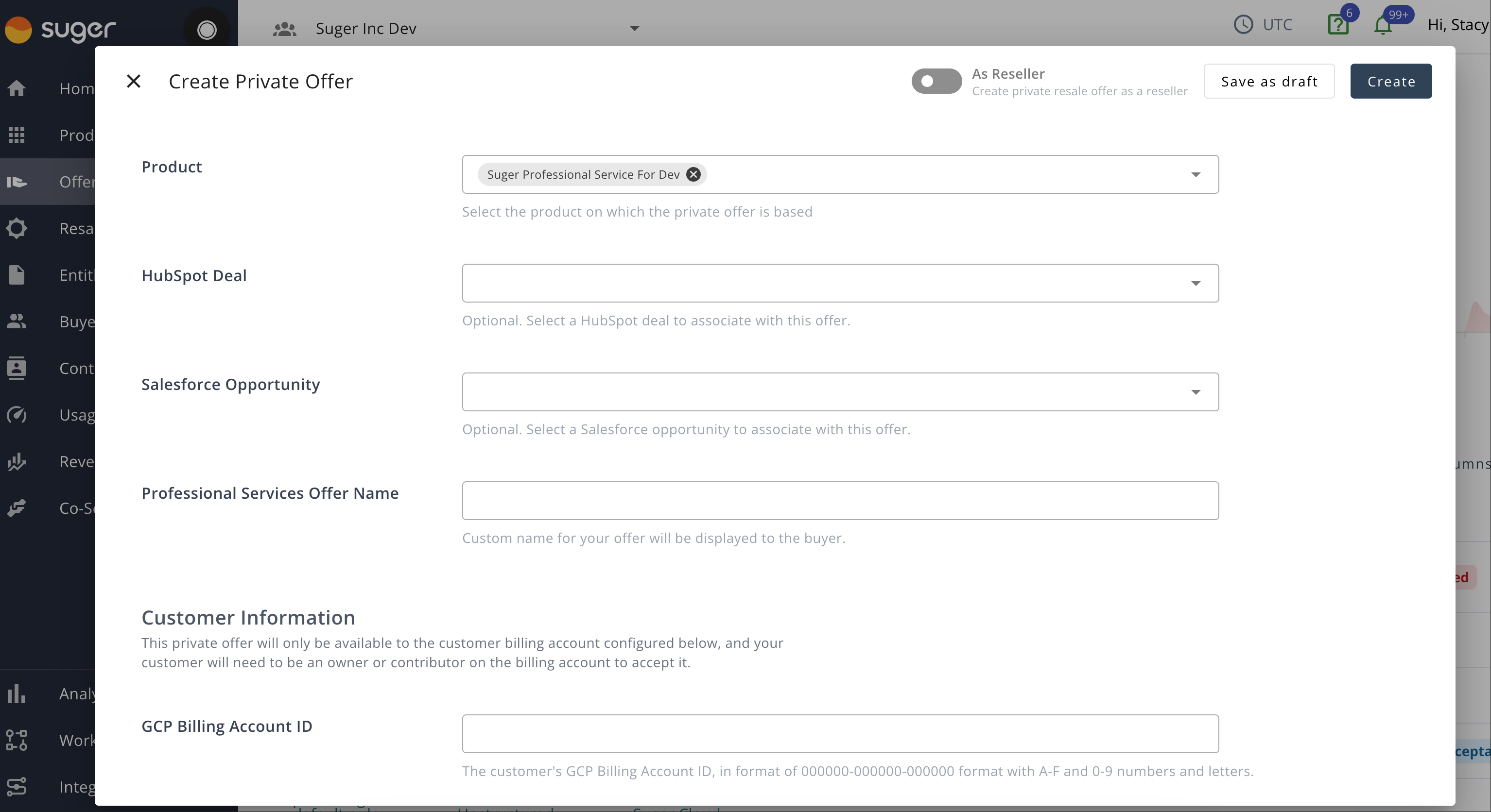 GCP private offer creation flow in Suger — selecting a professional services SKU and setting custom pricing