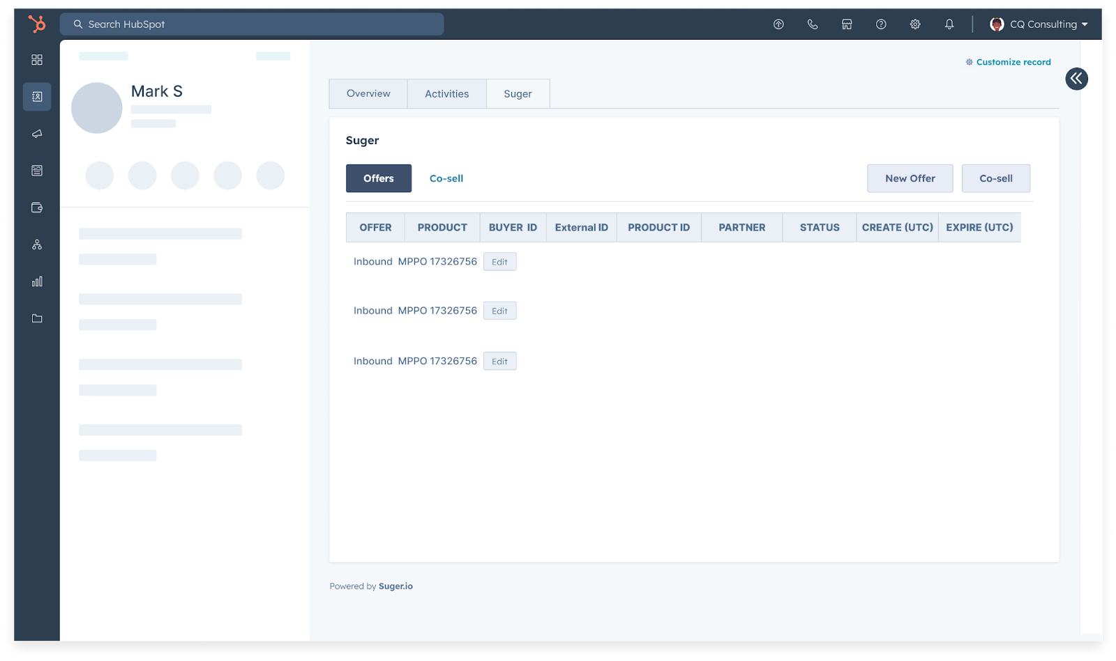 Improved HubSpot deal record with embedded Suger co-sell controls and marketplace status