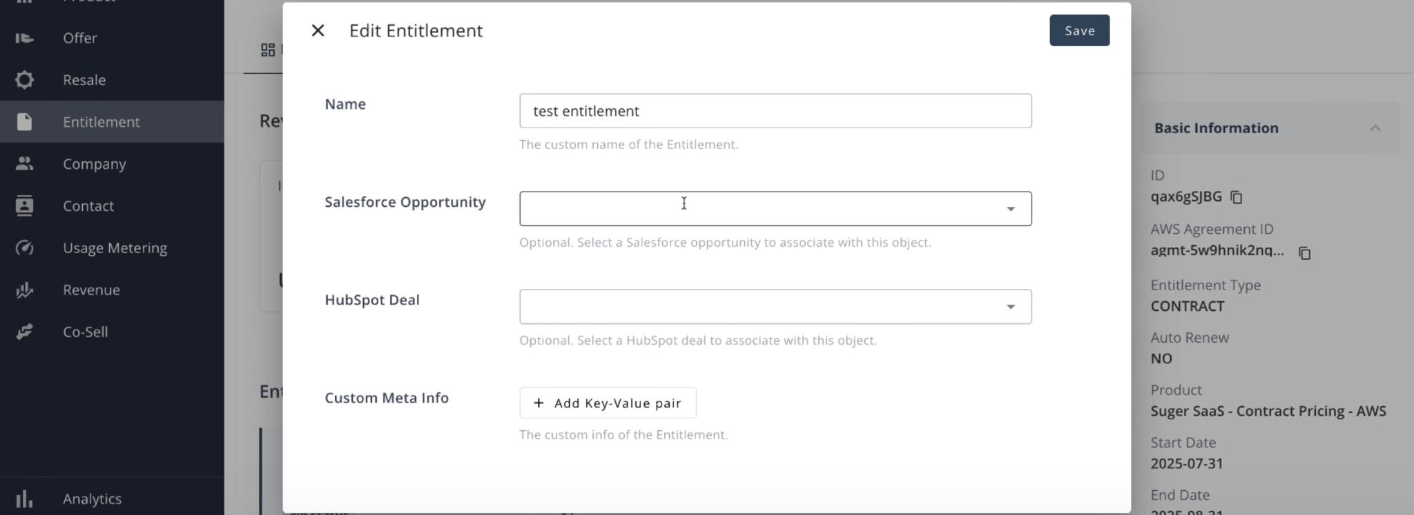 Marketplace entitlement card linked to its source opportunity in Suger for closed-loop revenue reporting