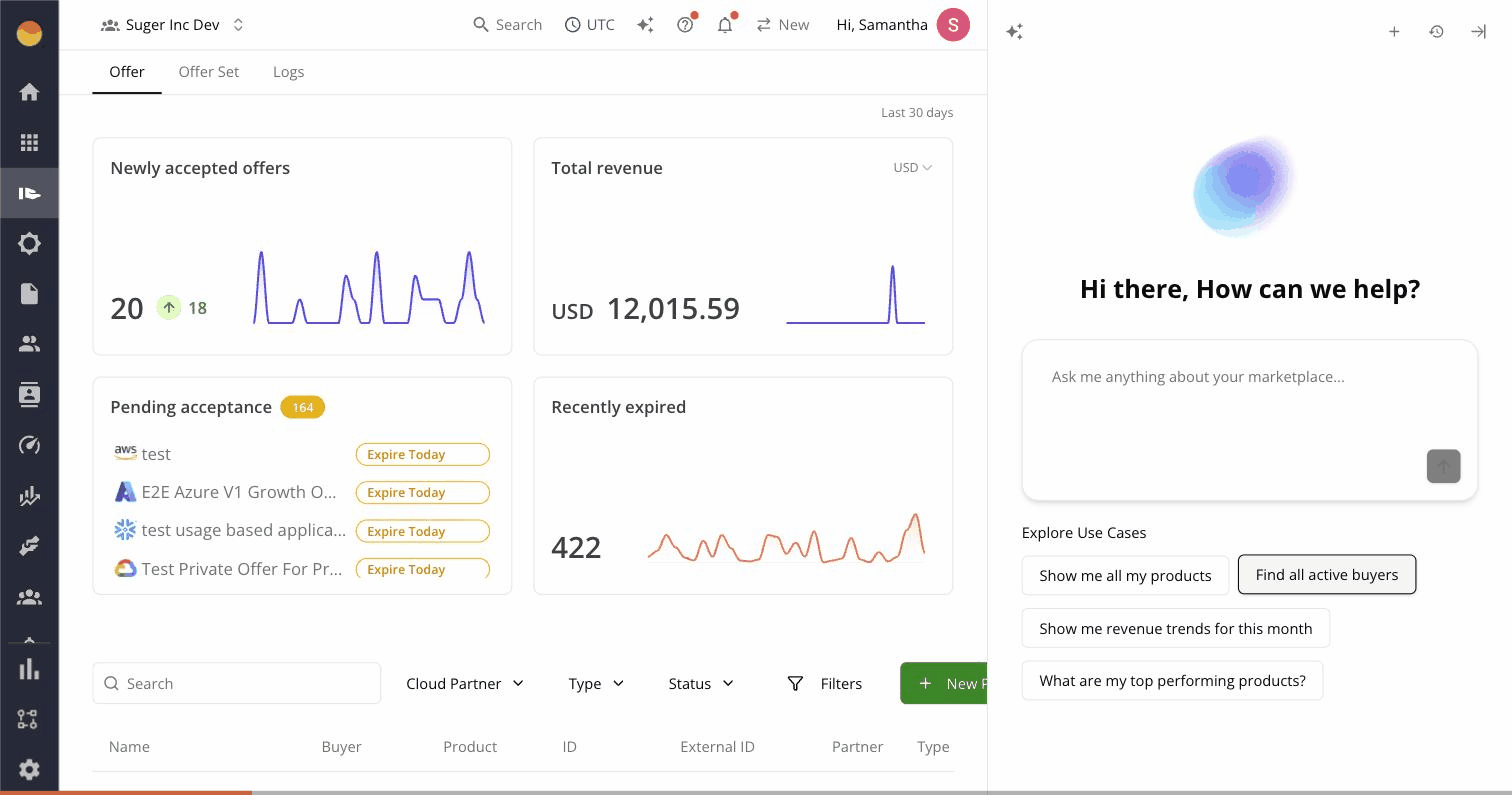 Suger AI side panel automatically picking up the current offer ID from the URL and the failed-validation banner on the page, then answering a question grounded in that context