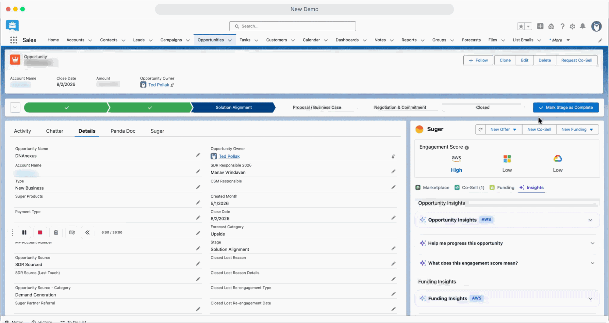 Salesforce opportunity record with the Suger widget showing Marketplace, Co-Sell, Funding, and Insights tabs, including Engagement Score, AWS Opportunity Insights, and Funding Insights panels on a "Negotiation & Commitment" stage opportunity