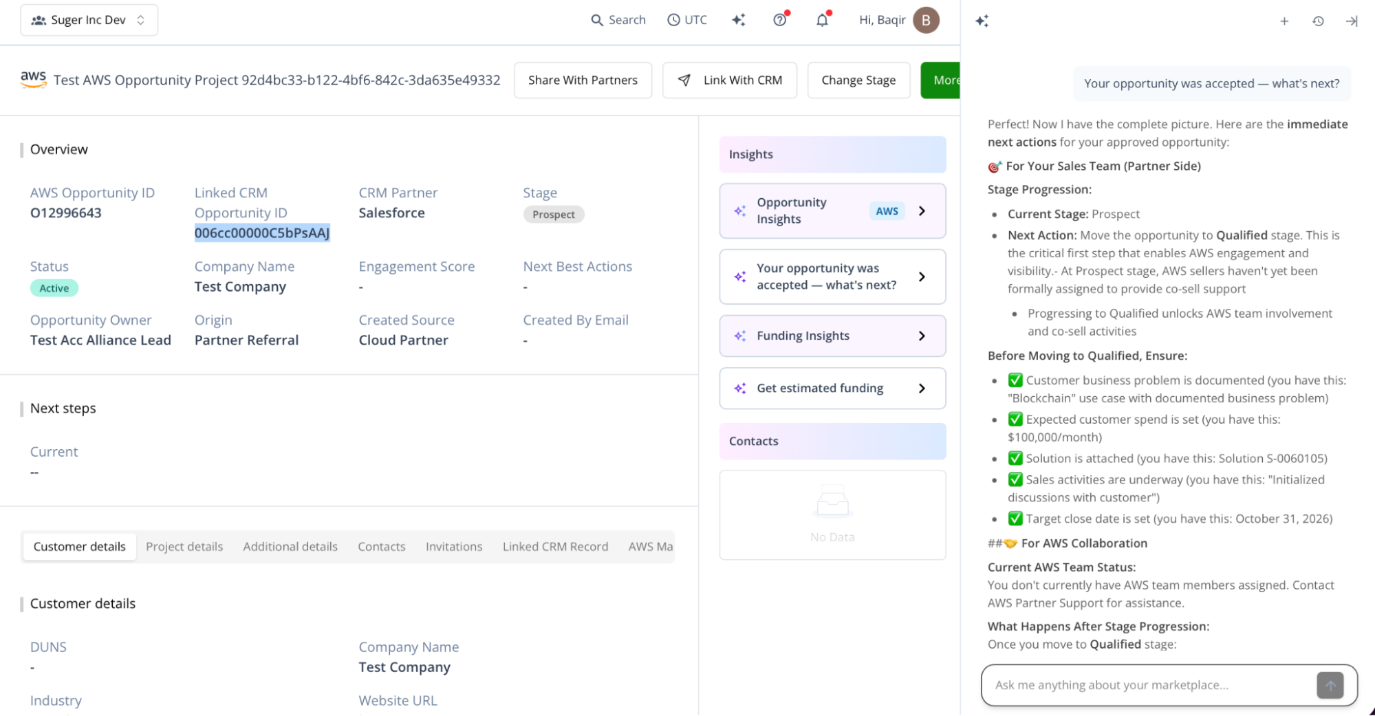 AWS Partner Central Agents showing opportunity insights in the Suger console