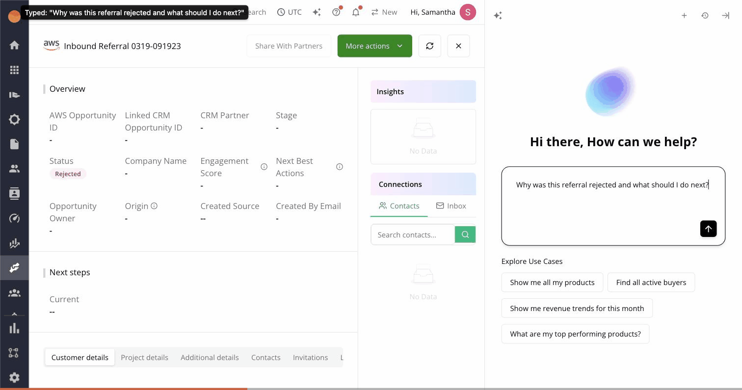 Suger AI chat panel auto-open on a failed AWS ACE referral, explaining a customer-record mismatch and surfacing an "Open Edit Dialog" button to re-submit