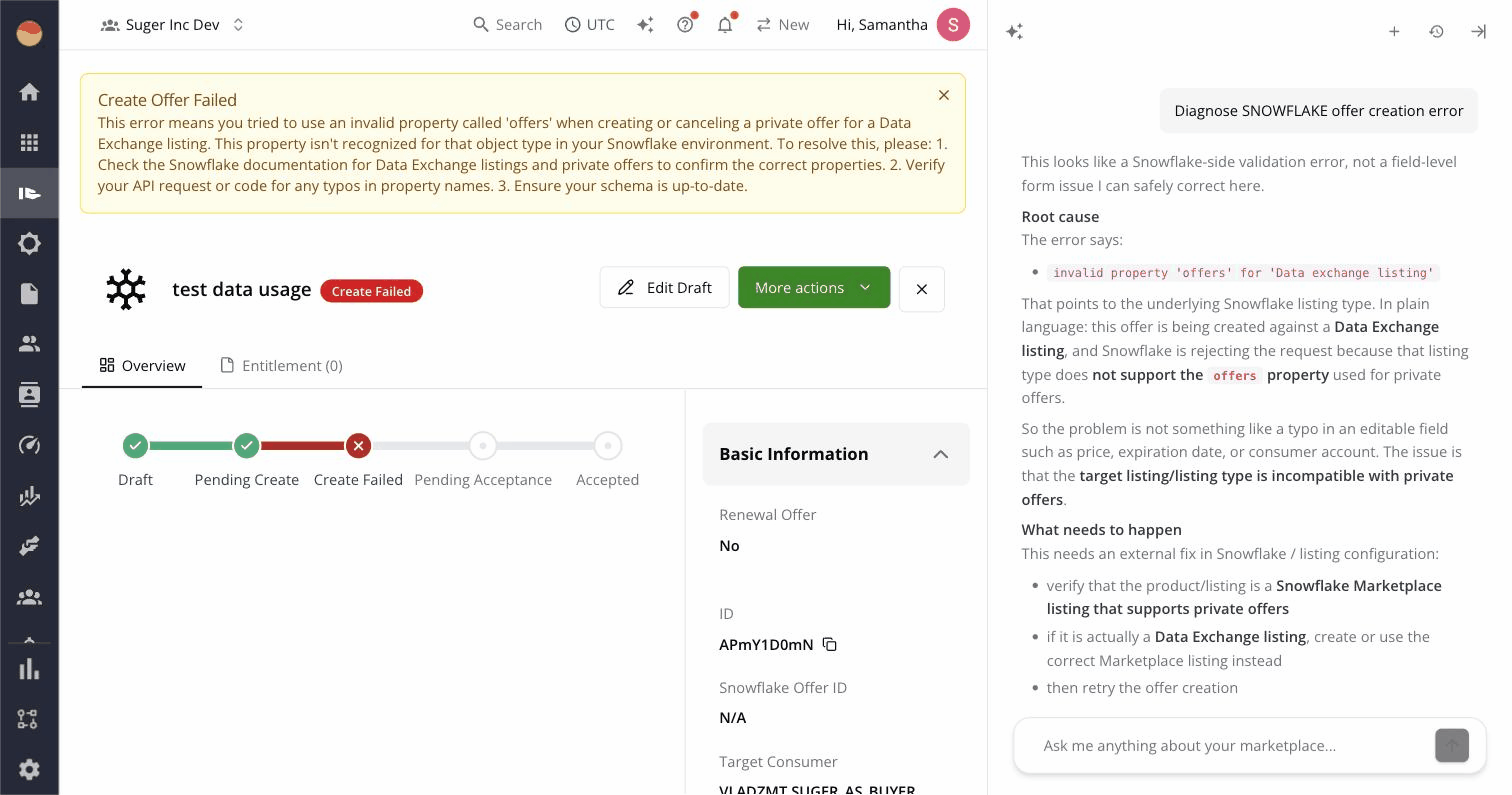 Suger AI chat panel auto-open on a failed offer detail page, diagnosing an AWS dimension key error, with an "Edit Draft" button ready to navigate the user to the corrected form