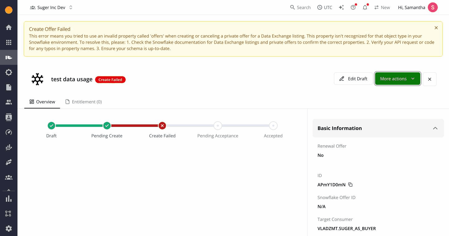 Animated trigger flow on a failed Snowflake offer — closing the auto-opened AI panel, then clicking the sparkle icon in the top toolbar to re-open it; the panel slides back in with the same diagnosis