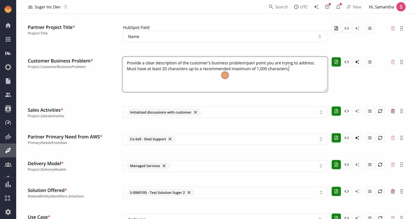 Animated prompt template editor inside the AWS-HubSpot field mapping config — clicking into the Customer Business Problem field and typing additional {{.deals.dealname}} and {{.deals.description}} variable references; the AI Generate sparkle icon stays green to signal the field is bound to a prompt template instead of a direct mapping