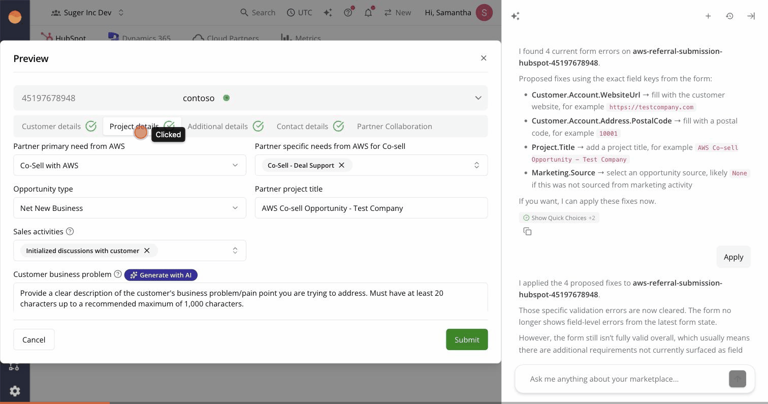 Field Mapping Preview dialog with tabs across the top — Customer details, Project details, Additional details, Contact details, Partner Collaboration — each showing checkmarks or error counts, with the underlying form populated from a real CRM record