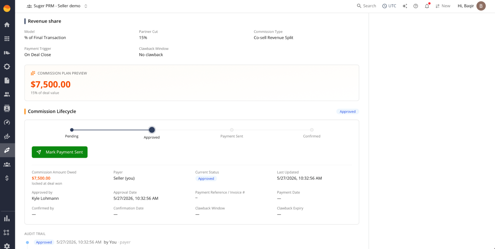 Automatic commission calculation and payout lifecycle tracking in Suger PRM