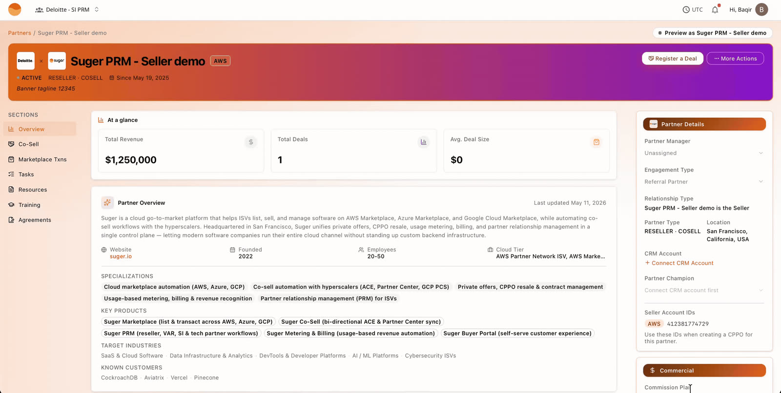 A white-label partner portal branded with a vendor logo and colours in Suger PRM